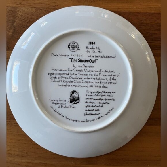 VINTAGE 1989 Knowles Limited Edition Collector Plate Snowy Owl by Jim Beaudoin - Picture 2 of 6